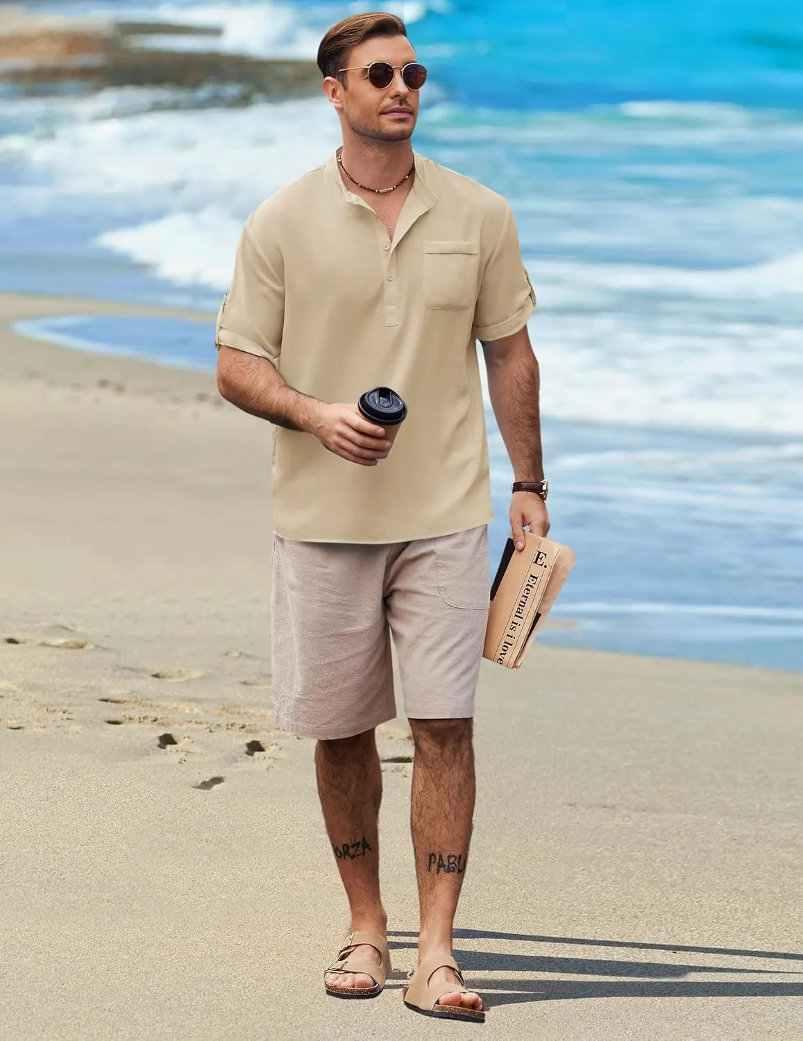 COOFANDY Henley Shirts for Men Short Sleeve Band Collar Casual Shirt Summer Hippie Vacation Beach T Shirts with Pocket