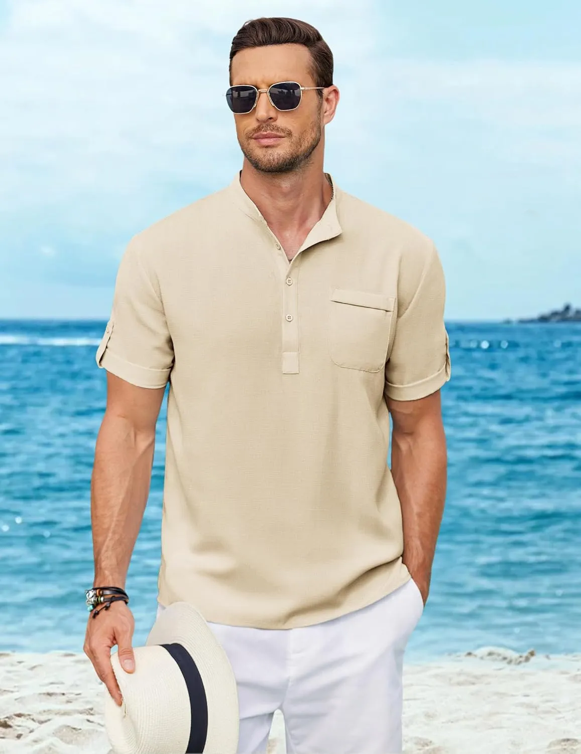 COOFANDY Henley Shirts for Men Short Sleeve Band Collar Casual Shirt Summer Hippie Vacation Beach T Shirts with Pocket
