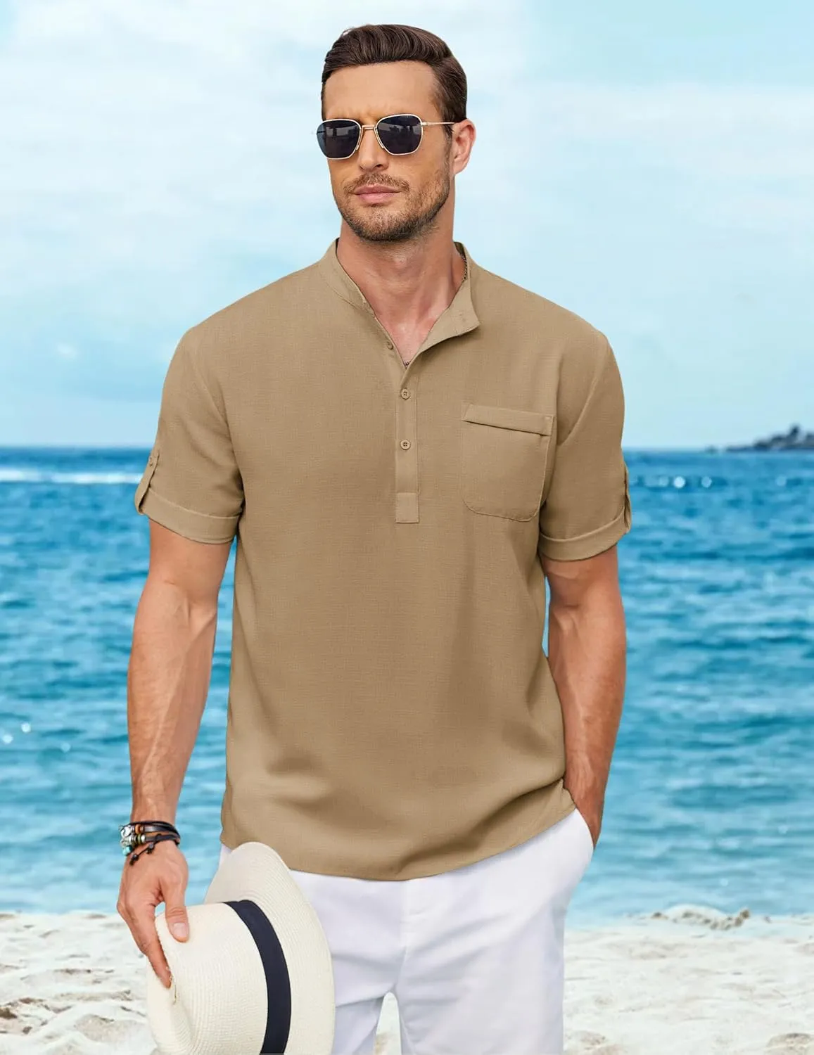 COOFANDY Henley Shirts for Men Short Sleeve Band Collar Casual Shirt Summer Hippie Vacation Beach T Shirts with Pocket