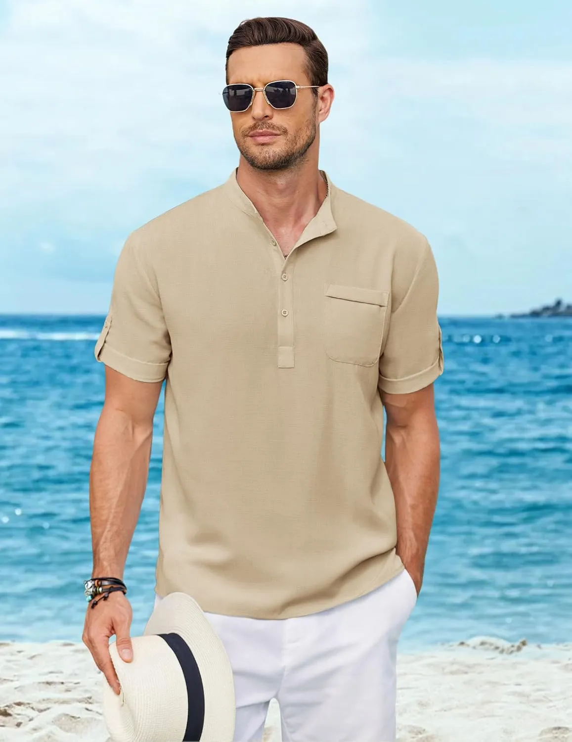 COOFANDY Henley Shirts for Men Short Sleeve Band Collar Casual Shirt Summer Hippie Vacation Beach T Shirts with Pocket