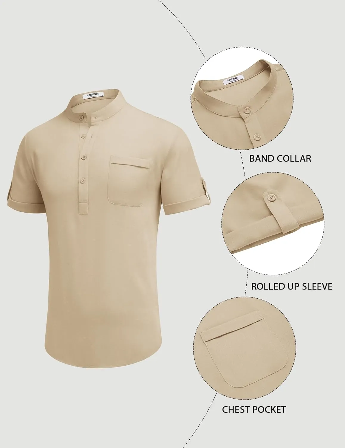 COOFANDY Henley Shirts for Men Short Sleeve Band Collar Casual Shirt Summer Hippie Vacation Beach T Shirts with Pocket