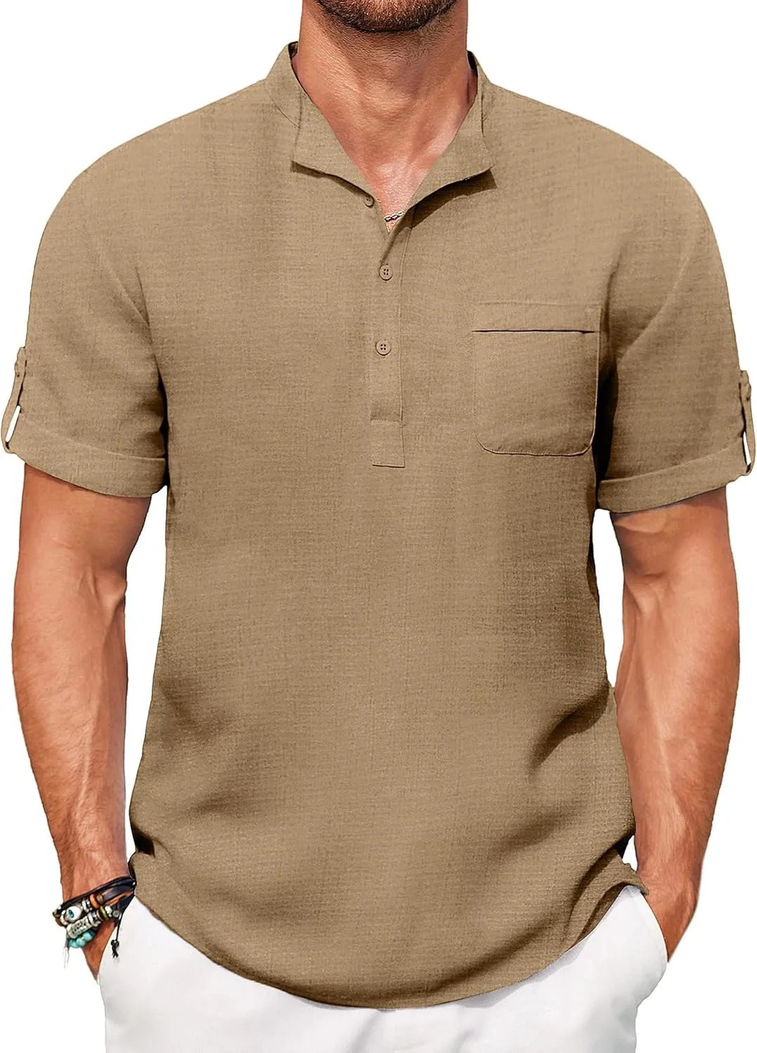 COOFANDY Henley Shirts for Men Short Sleeve Band Collar Casual Shirt Summer Hippie Vacation Beach T Shirts with Pocket