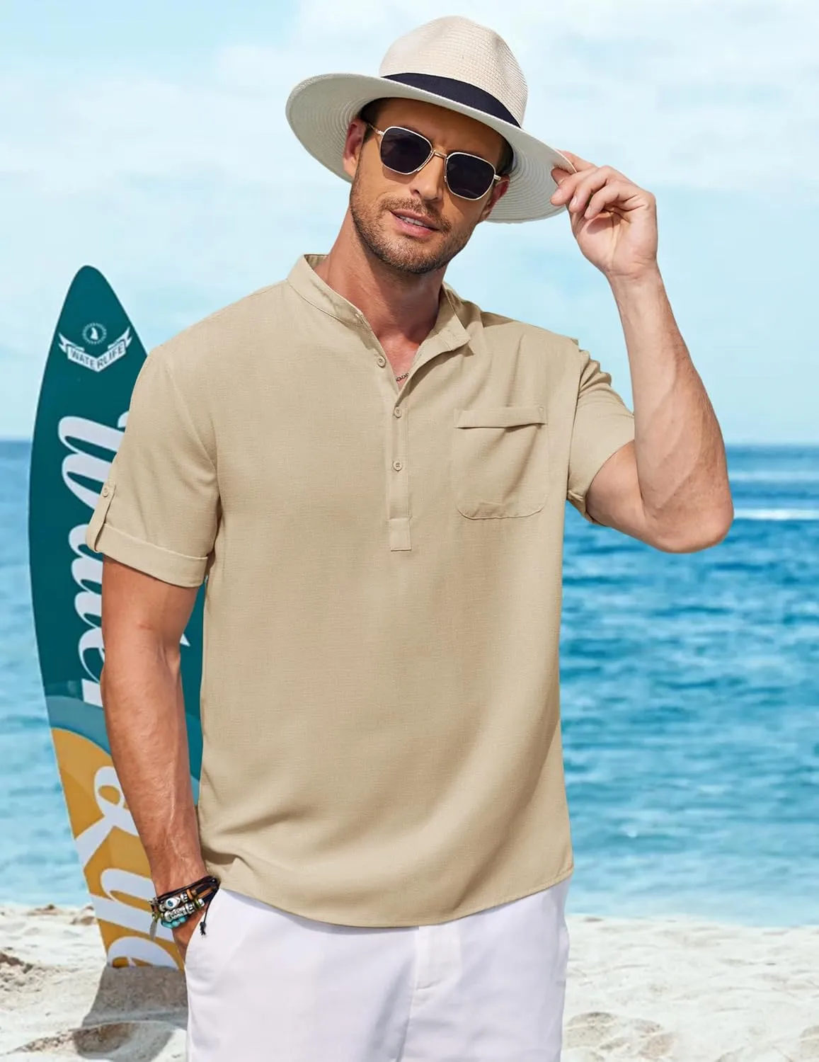 COOFANDY Henley Shirts for Men Short Sleeve Band Collar Casual Shirt Summer Hippie Vacation Beach T Shirts with Pocket