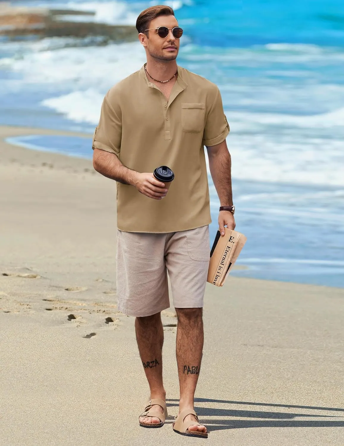 COOFANDY Henley Shirts for Men Short Sleeve Band Collar Casual Shirt Summer Hippie Vacation Beach T Shirts with Pocket