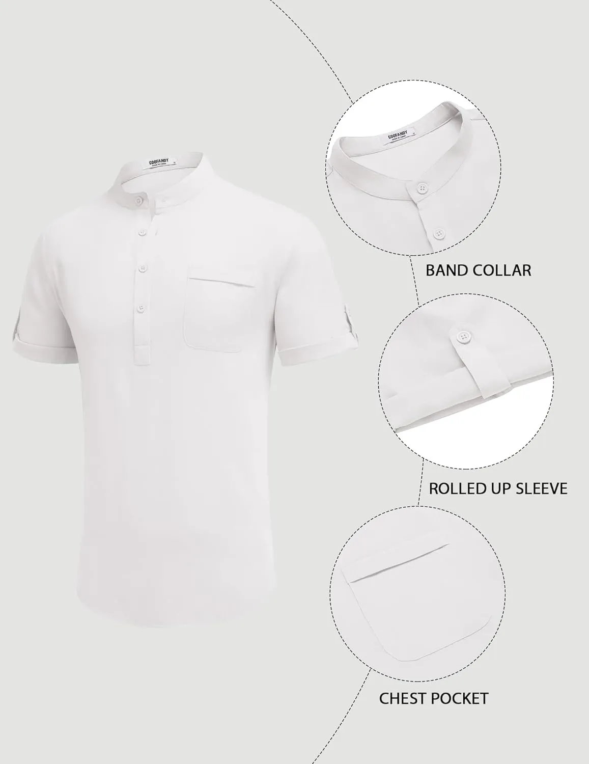 COOFANDY Henley Shirts for Men Short Sleeve Band Collar Casual Shirt Summer Hippie Vacation Beach T Shirts with Pocket