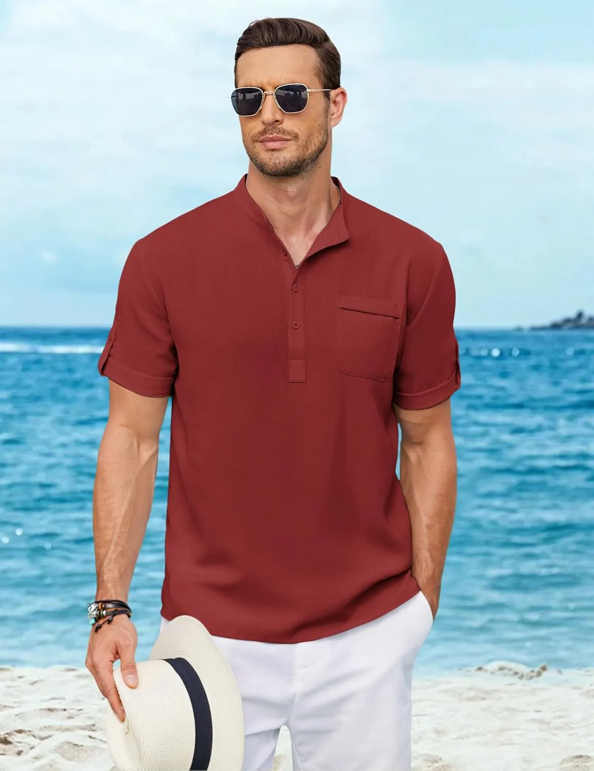 COOFANDY Henley Shirts for Men Short Sleeve Band Collar Casual Shirt Summer Hippie Vacation Beach T Shirts with Pocket