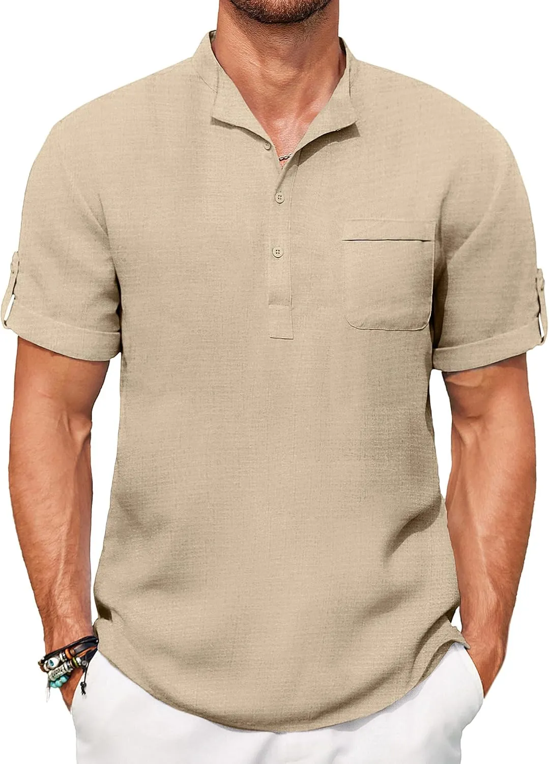 COOFANDY Henley Shirts for Men Short Sleeve Band Collar Casual Shirt Summer Hippie Vacation Beach T Shirts with Pocket