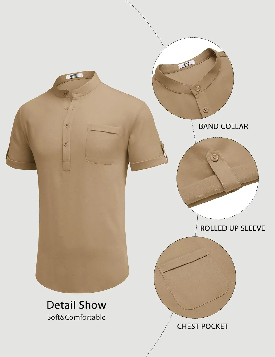 COOFANDY Henley Shirts for Men Short Sleeve Band Collar Casual Shirt Summer Hippie Vacation Beach T Shirts with Pocket