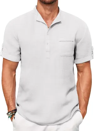 COOFANDY Henley Shirts for Men Short Sleeve Band Collar Casual Shirt Summer Hippie Vacation Beach T Shirts with Pocket
