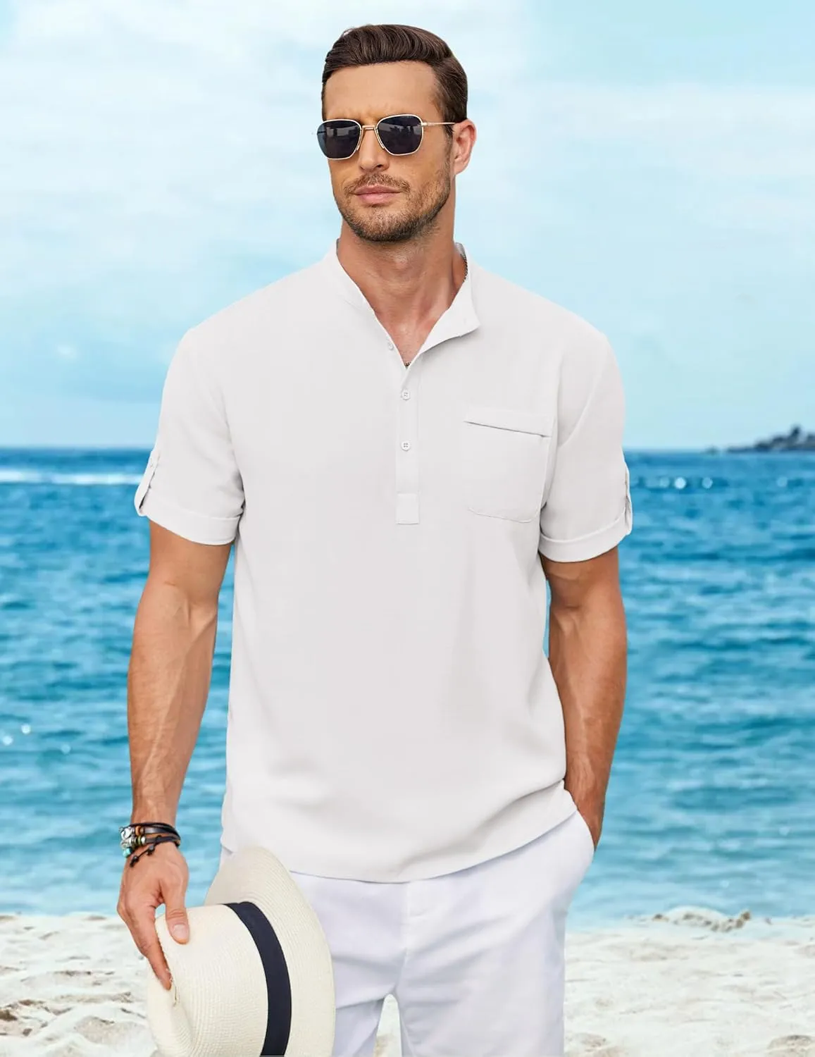 COOFANDY Henley Shirts for Men Short Sleeve Band Collar Casual Shirt Summer Hippie Vacation Beach T Shirts with Pocket