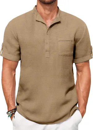 COOFANDY Henley Shirts for Men Short Sleeve Band Collar Casual Shirt Summer Hippie Vacation Beach T Shirts with Pocket