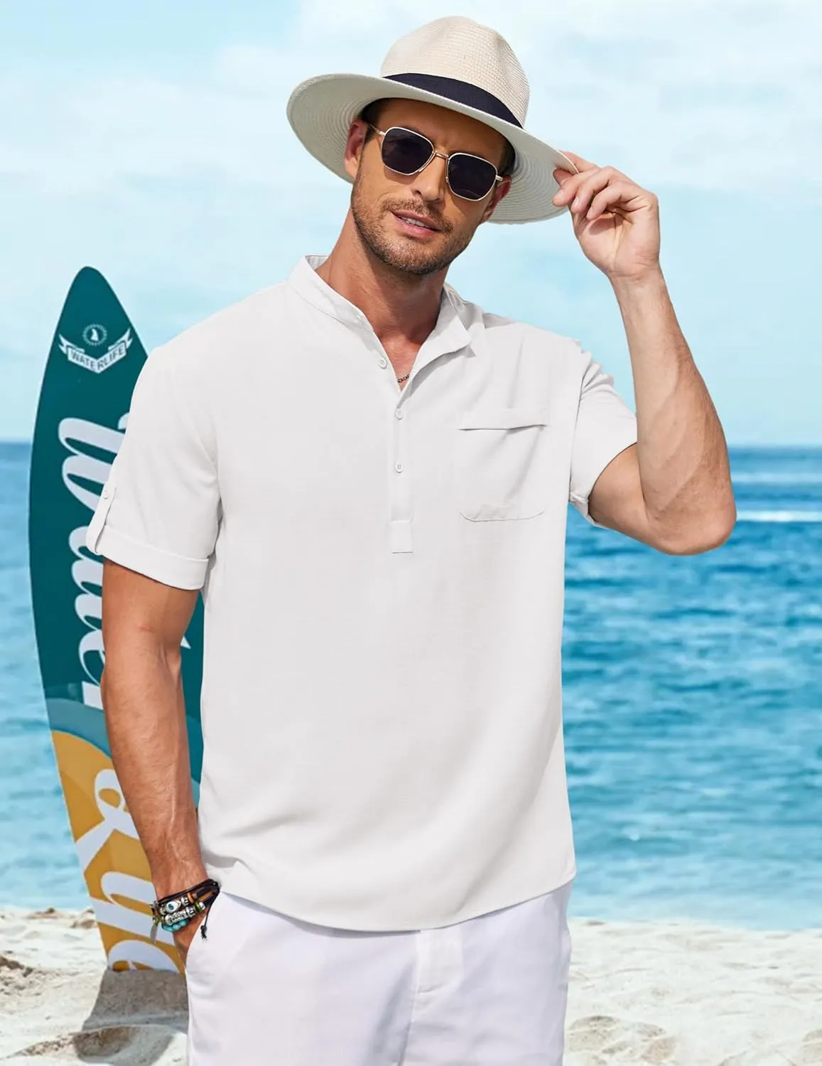 COOFANDY Henley Shirts for Men Short Sleeve Band Collar Casual Shirt Summer Hippie Vacation Beach T Shirts with Pocket