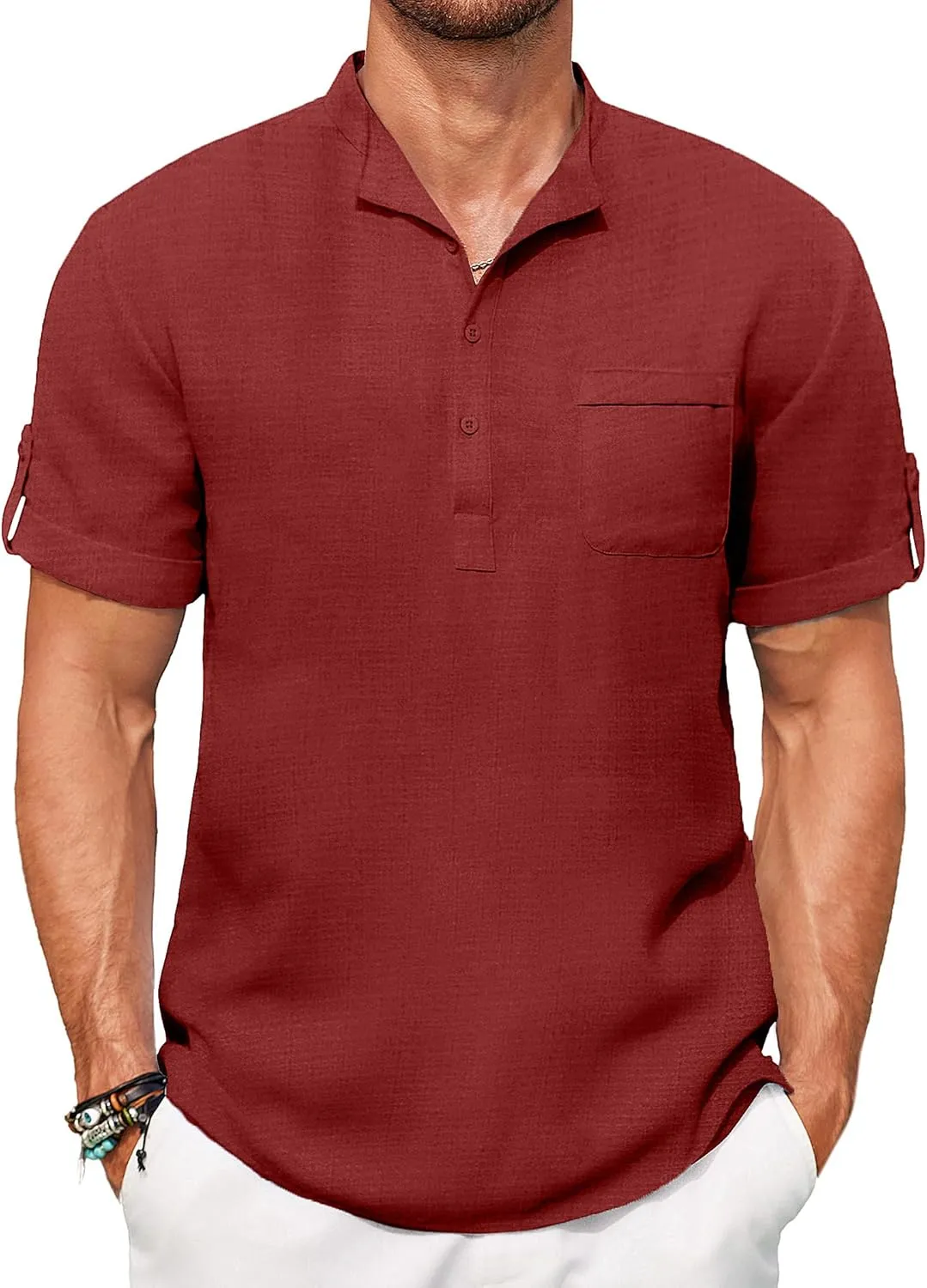 COOFANDY Henley Shirts for Men Short Sleeve Band Collar Casual Shirt Summer Hippie Vacation Beach T Shirts with Pocket