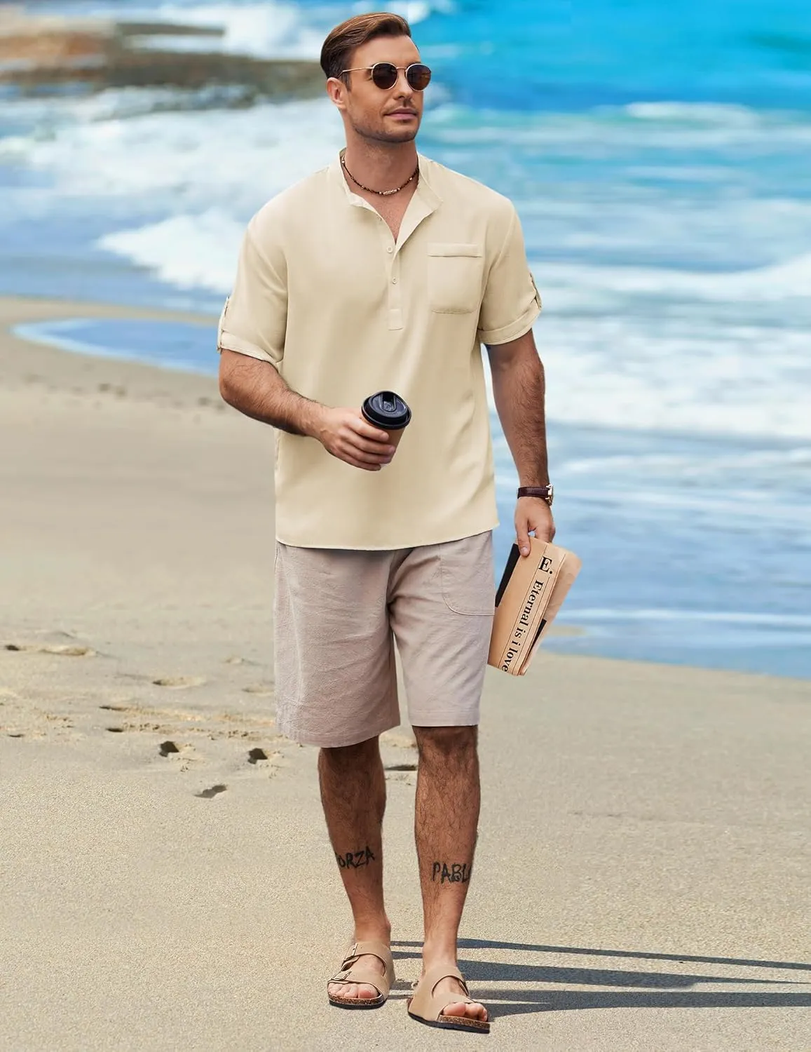 COOFANDY Henley Shirts for Men Short Sleeve Band Collar Casual Shirt Summer Hippie Vacation Beach T Shirts with Pocket