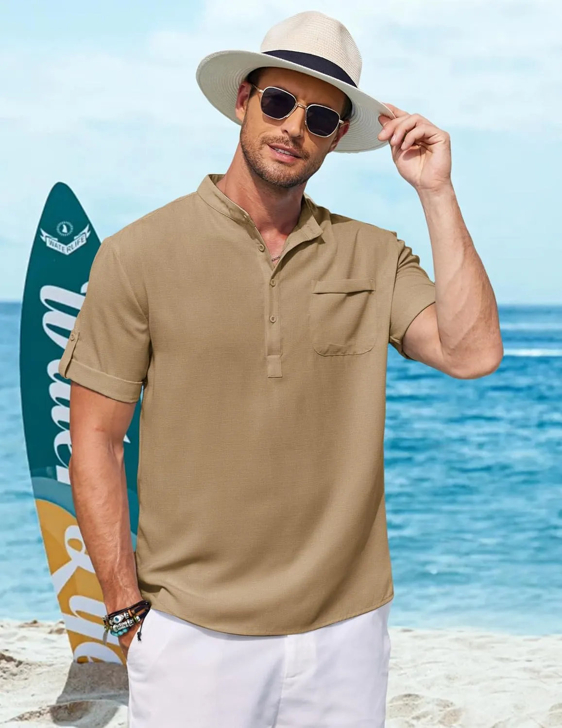 COOFANDY Henley Shirts for Men Short Sleeve Band Collar Casual Shirt Summer Hippie Vacation Beach T Shirts with Pocket