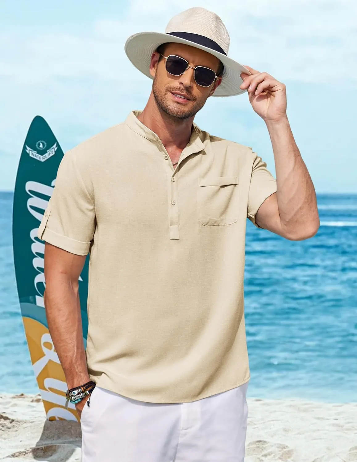 COOFANDY Henley Shirts for Men Short Sleeve Band Collar Casual Shirt Summer Hippie Vacation Beach T Shirts with Pocket