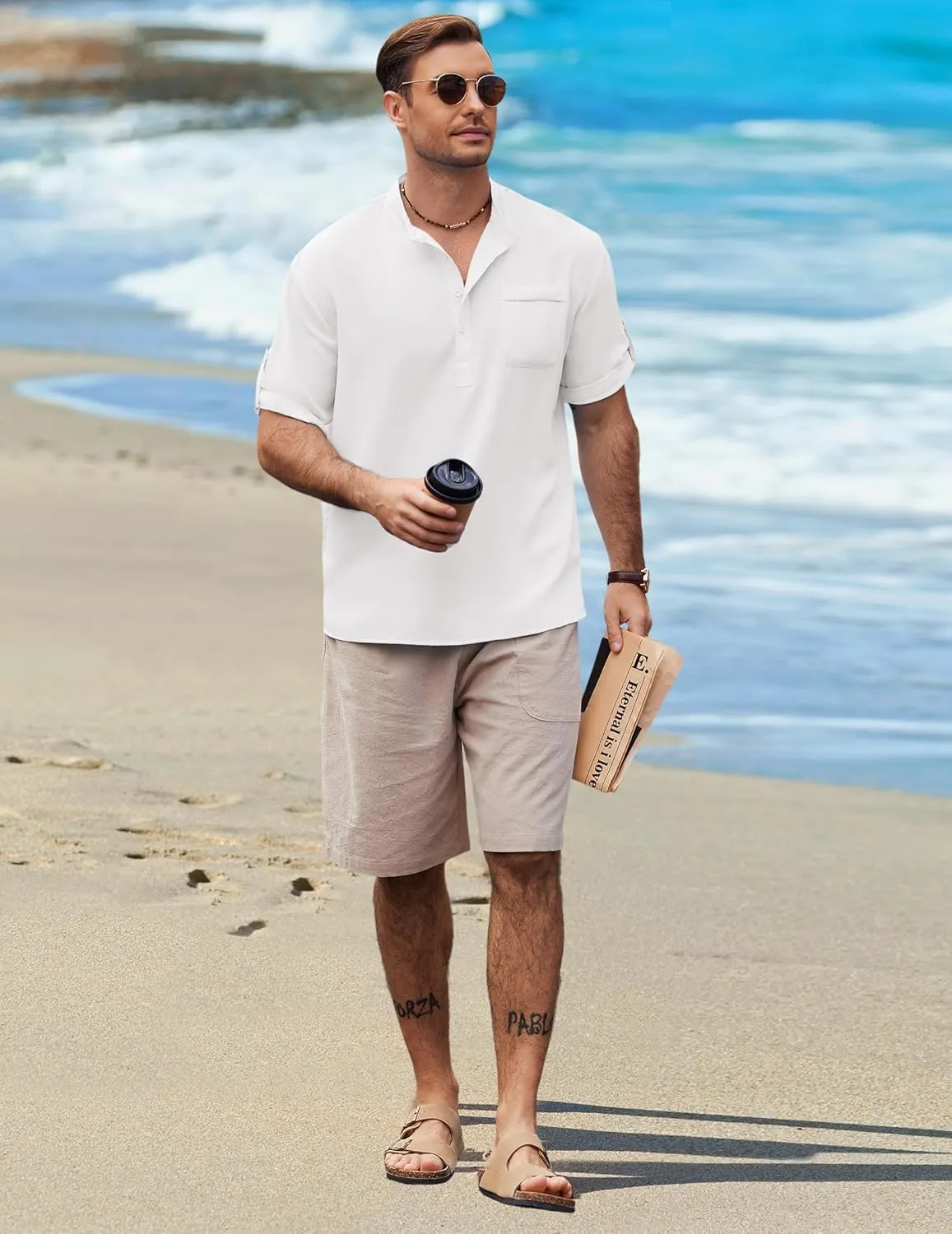 COOFANDY Henley Shirts for Men Short Sleeve Band Collar Casual Shirt Summer Hippie Vacation Beach T Shirts with Pocket