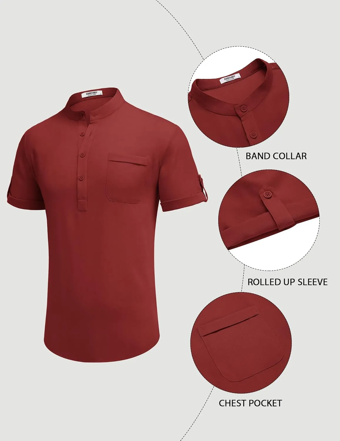 COOFANDY Henley Shirts for Men Short Sleeve Band Collar Casual Shirt Summer Hippie Vacation Beach T Shirts with Pocket
