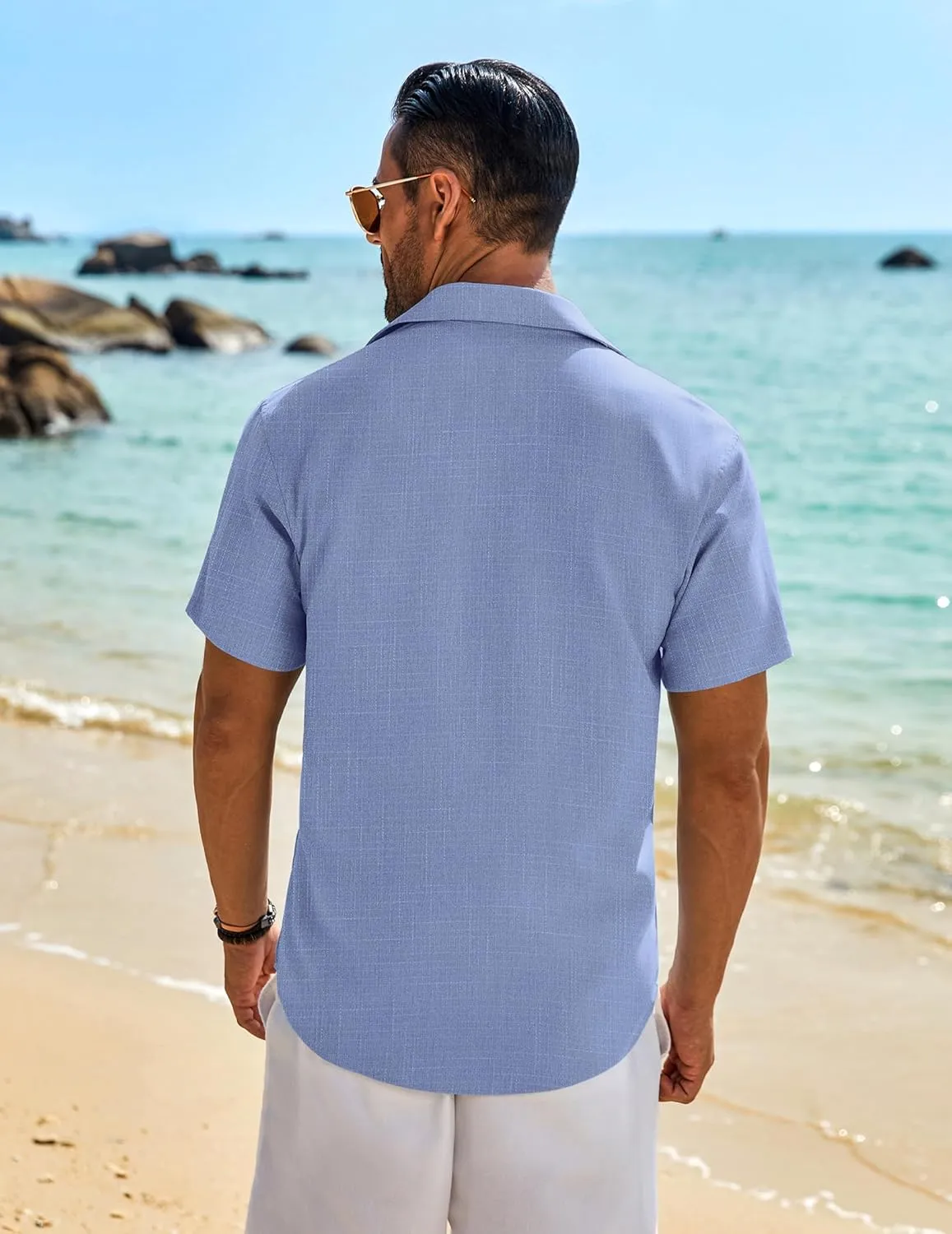 COOFANDY Mens Button Down Shirt Short Sleeve Casual Shirts Beach Summer Linen Shirts Wedding Vacation Shirt
