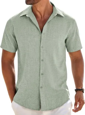 COOFANDY Mens Button Down Shirt Short Sleeve Casual Shirts Beach Summer Linen Shirts Wedding Vacation Shirt