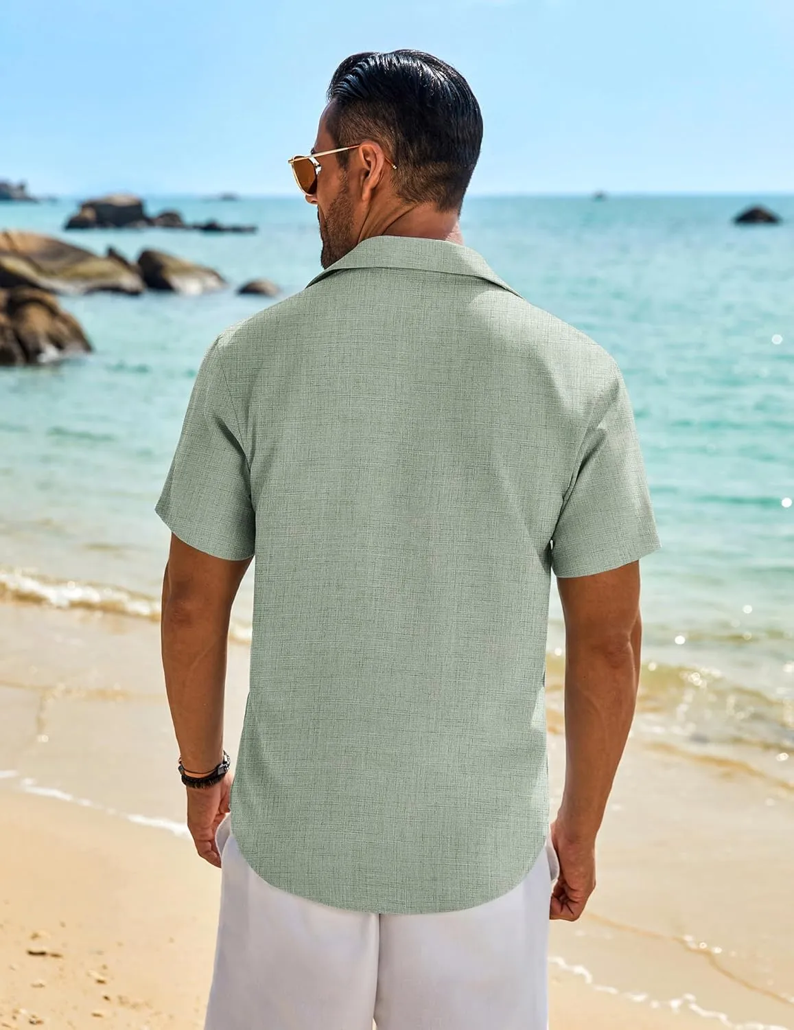 COOFANDY Mens Button Down Shirt Short Sleeve Casual Shirts Beach Summer Linen Shirts Wedding Vacation Shirt