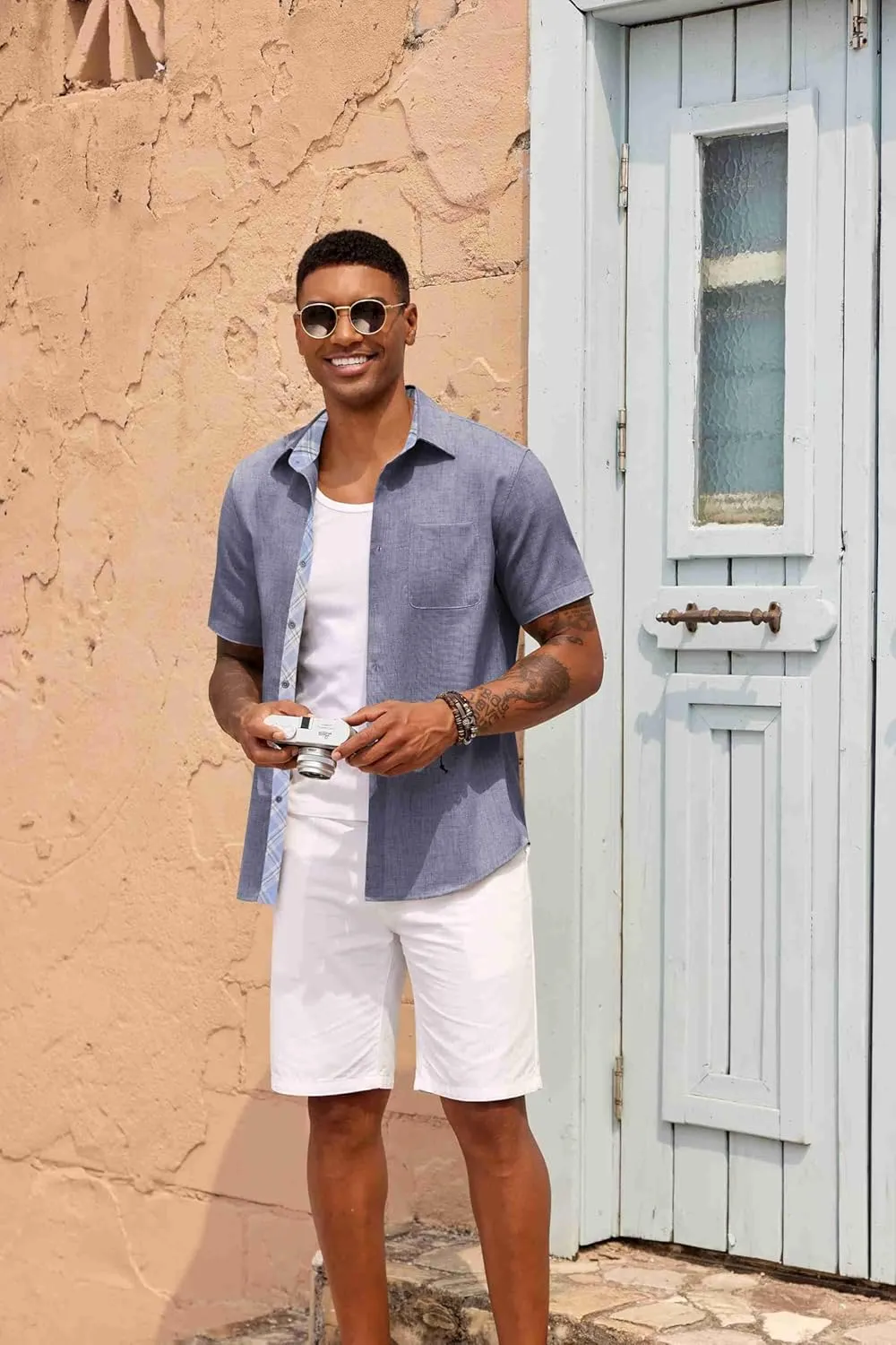 COOFANDY Mens Button Down Shirts Short Sleeve Casual Linen Shirts for Men Summer Beach Wedding Shirt