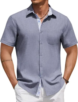 COOFANDY Mens Button Down Shirts Short Sleeve Casual Linen Shirts for Men Summer Beach Wedding Shirt