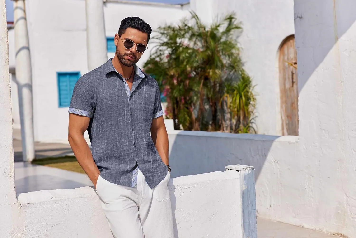 COOFANDY Mens Button Down Shirts Short Sleeve Casual Linen Shirts for Men Summer Beach Wedding Shirt