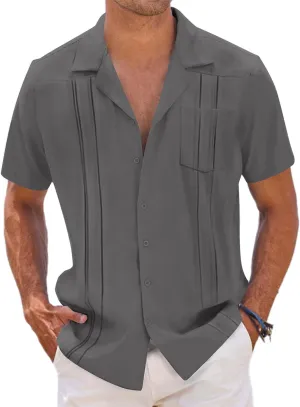 COOFANDY Men's Short Sleeve Cuban Guayabera Shirt Relaxed Fit Cotton Linen Shirt Casual Summer Beach Button Down Shirts