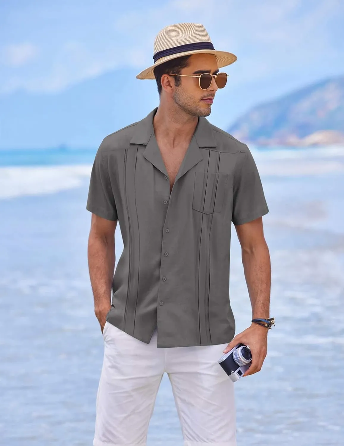 COOFANDY Men's Short Sleeve Cuban Guayabera Shirt Relaxed Fit Cotton Linen Shirt Casual Summer Beach Button Down Shirts