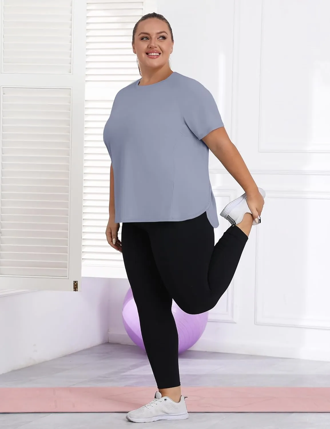 COOTRY Plus Size Workout Tops for Women Short Sleeve Athletic T Shirts Breathable Running Yoga Gym Tee with Side Slits