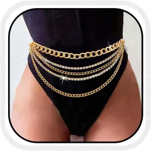 Cosydays Rhinestone Waist Chain Layered Metal Belt Crystal Belly Body Chain for Women