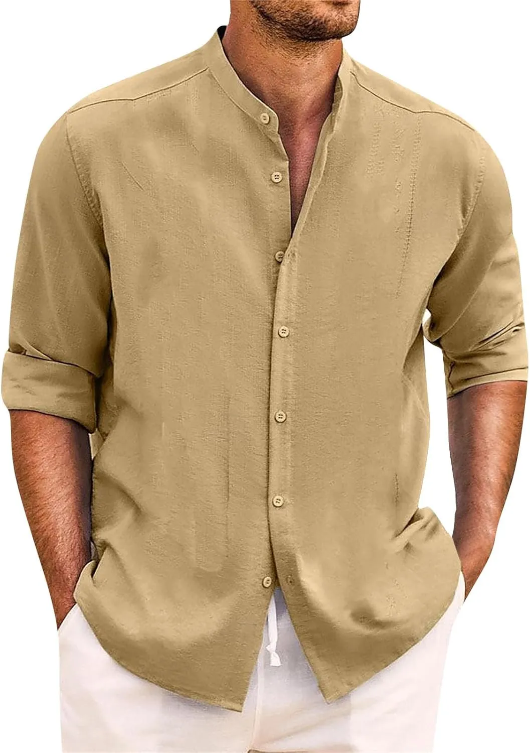 Cotton Linen Shirt for Men Long Sleeve Mandarin Collar Button Down Shirt Lightweight Breathable Beach Tops