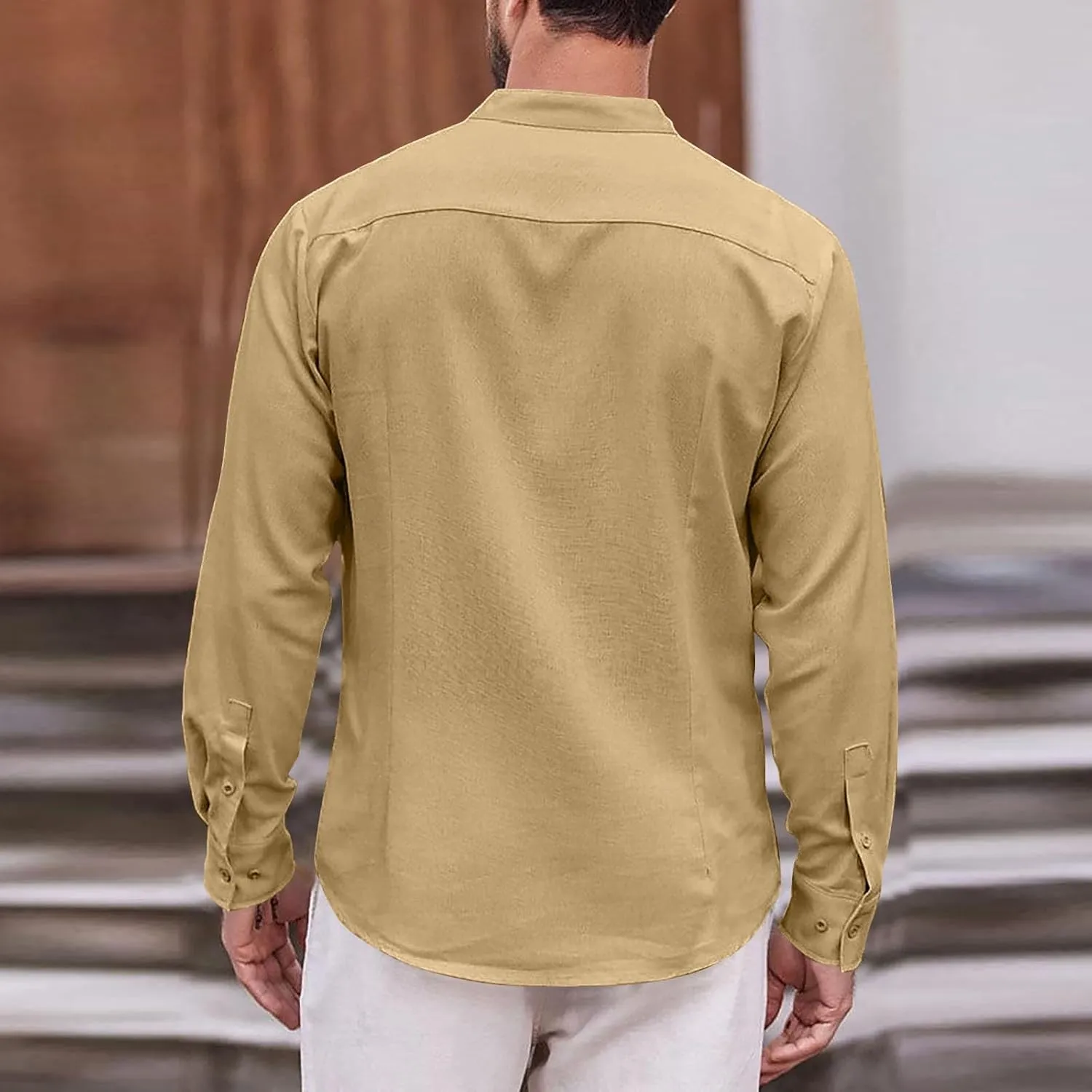 Cotton Linen Shirt for Men Long Sleeve Mandarin Collar Button Down Shirt Lightweight Breathable Beach Tops