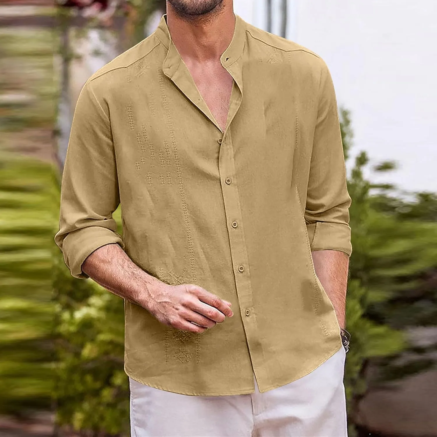 Cotton Linen Shirt for Men Long Sleeve Mandarin Collar Button Down Shirt Lightweight Breathable Beach Tops