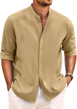 Cotton Linen Shirt for Men Long Sleeve Mandarin Collar Button Down Shirt Lightweight Breathable Beach Tops