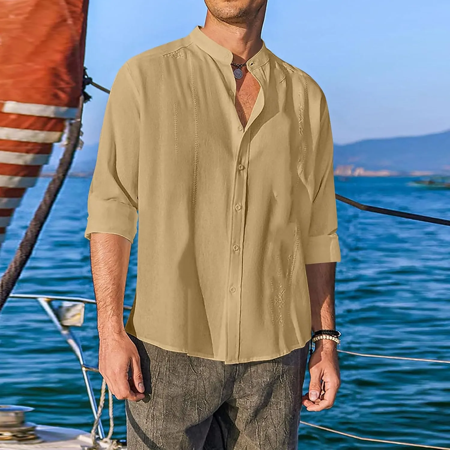 Cotton Linen Shirt for Men Long Sleeve Mandarin Collar Button Down Shirt Lightweight Breathable Beach Tops