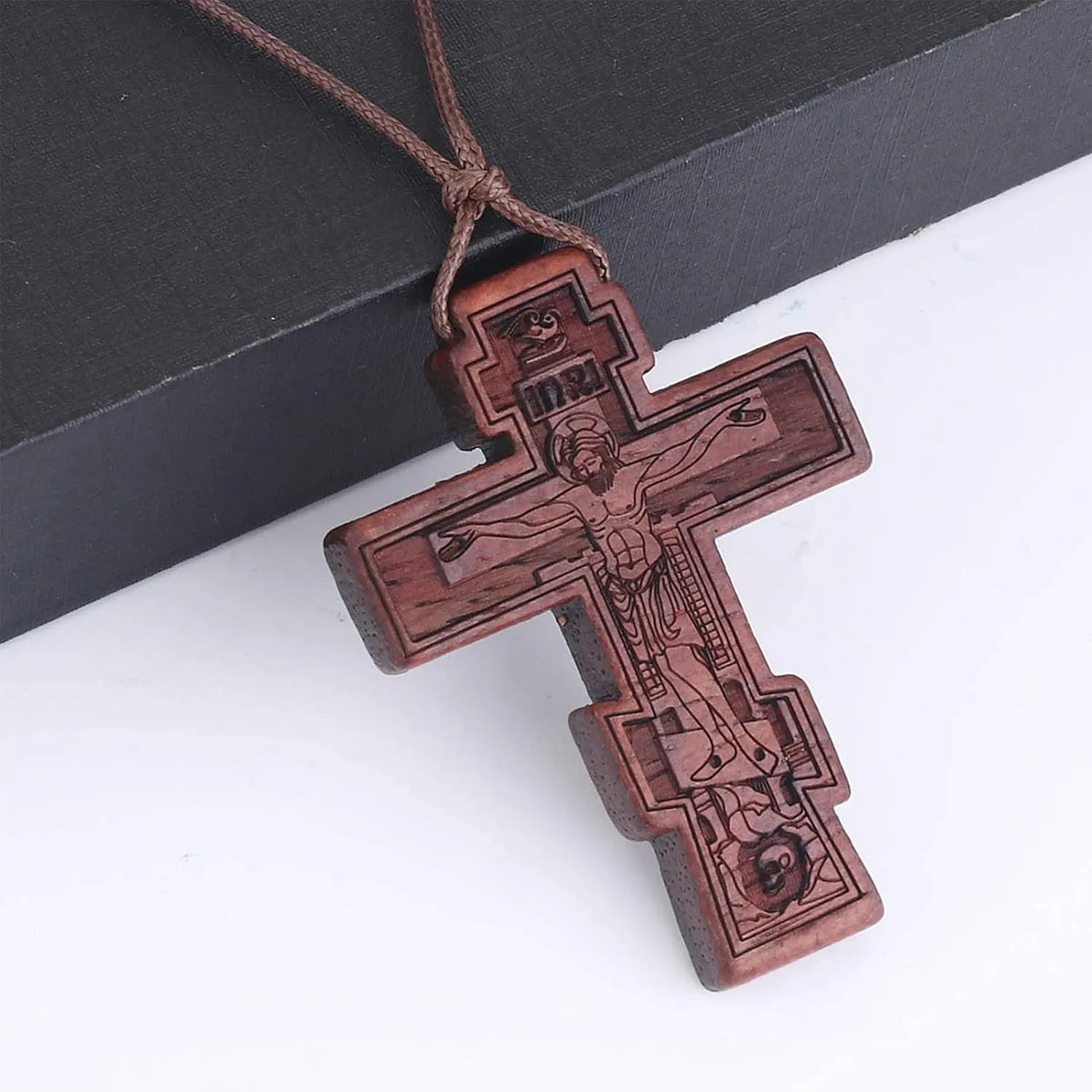 COTTVOTT Wood Orthodox Cross Pendant Necklace Christian Crucifix Necklace Prayer Jesus for Women Men