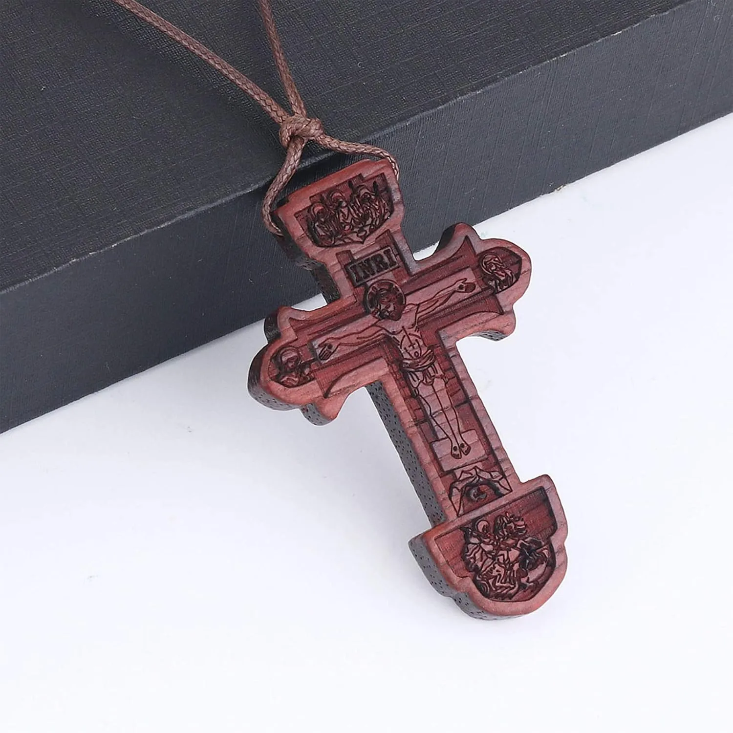 COTTVOTT Wood Orthodox Cross Pendant Necklace Christian Crucifix Necklace Prayer Jesus for Women Men