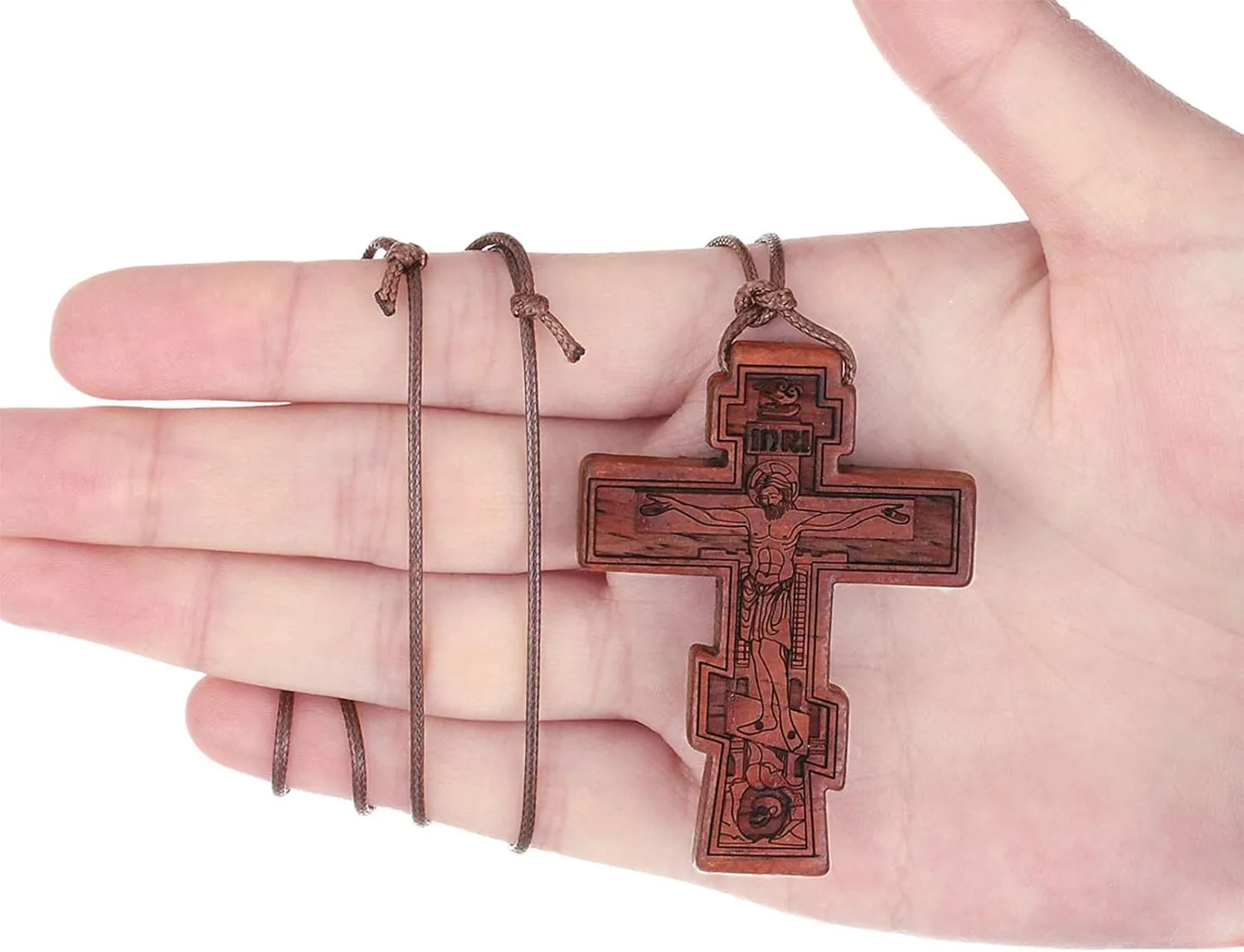 COTTVOTT Wood Orthodox Cross Pendant Necklace Christian Crucifix Necklace Prayer Jesus for Women Men