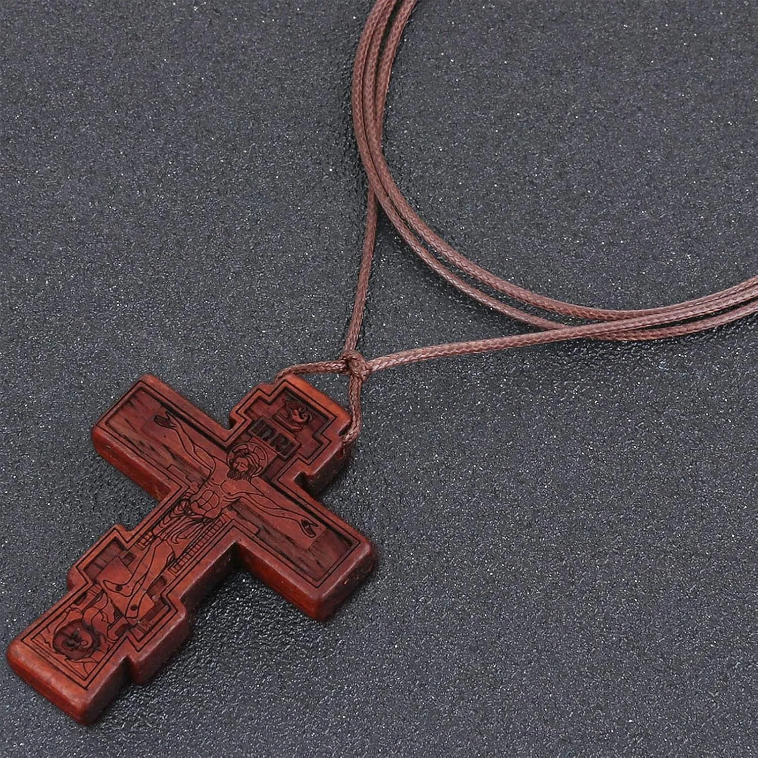 COTTVOTT Wood Orthodox Cross Pendant Necklace Christian Crucifix Necklace Prayer Jesus for Women Men