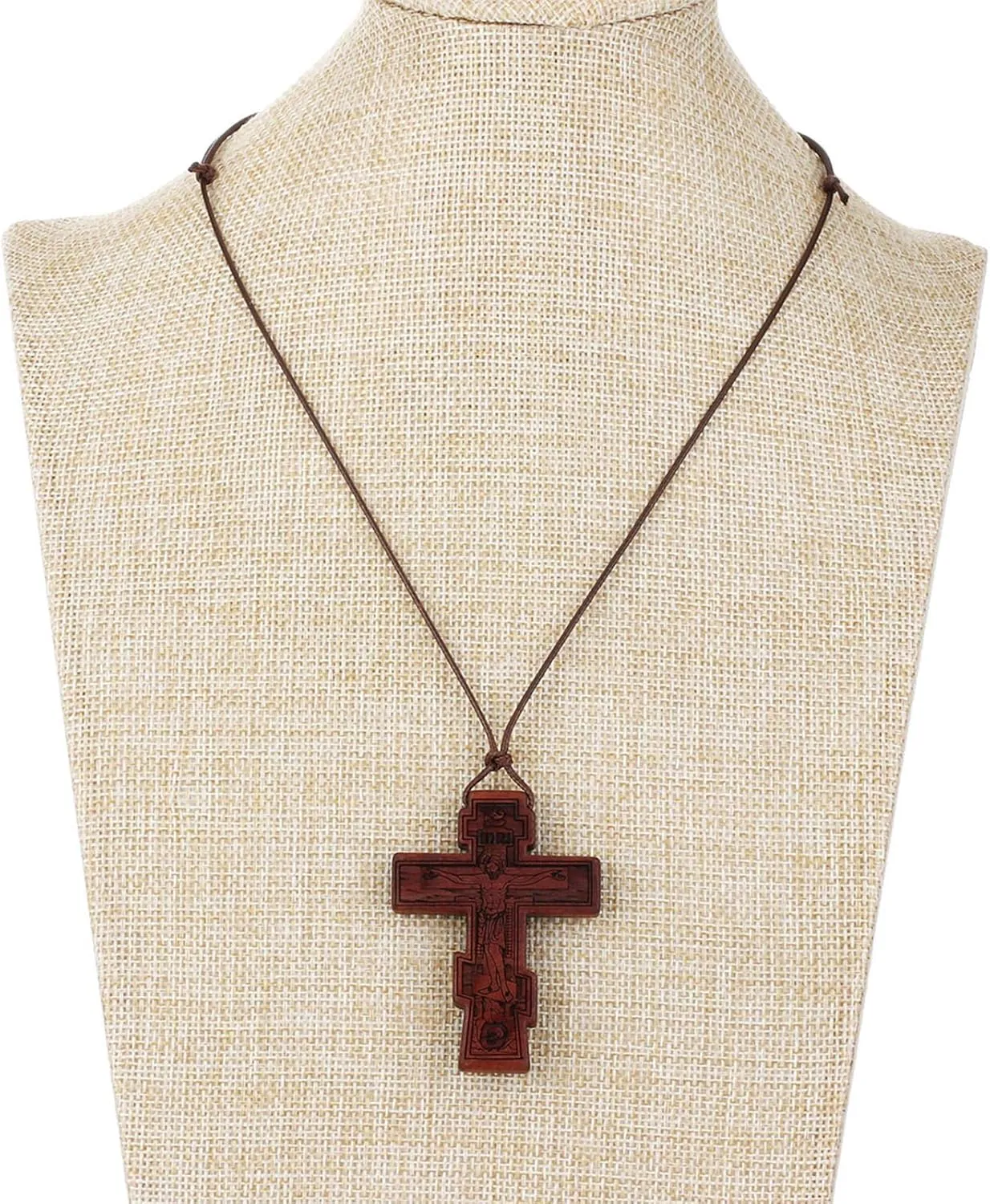COTTVOTT Wood Orthodox Cross Pendant Necklace Christian Crucifix Necklace Prayer Jesus for Women Men
