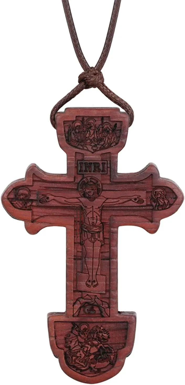 COTTVOTT Wood Orthodox Cross Pendant Necklace Christian Crucifix Necklace Prayer Jesus for Women Men