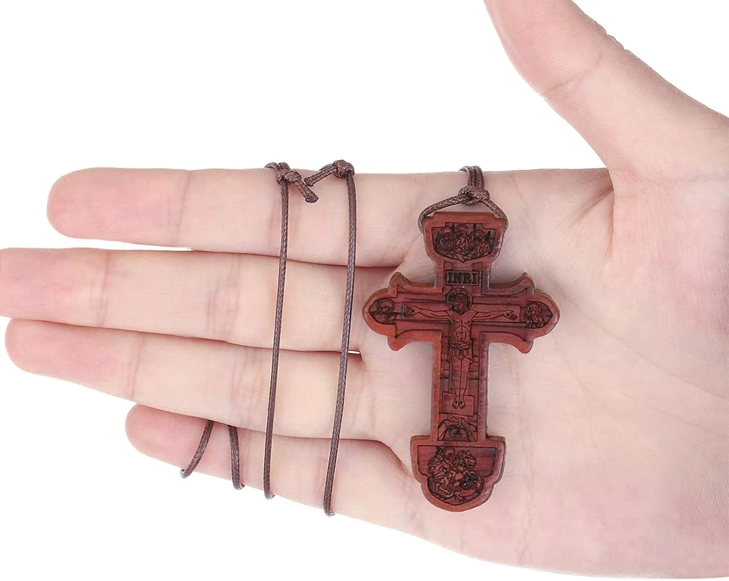COTTVOTT Wood Orthodox Cross Pendant Necklace Christian Crucifix Necklace Prayer Jesus for Women Men
