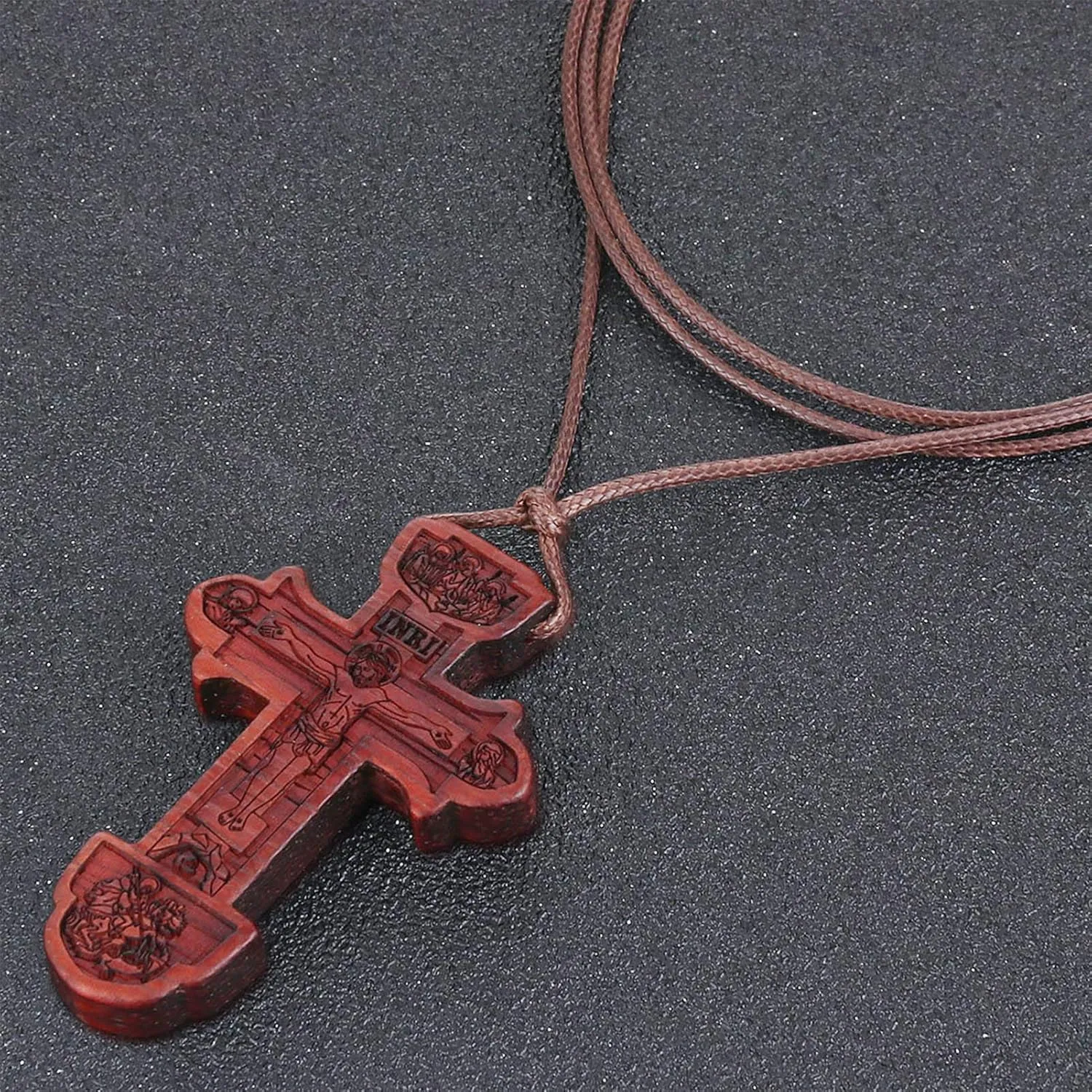 COTTVOTT Wood Orthodox Cross Pendant Necklace Christian Crucifix Necklace Prayer Jesus for Women Men