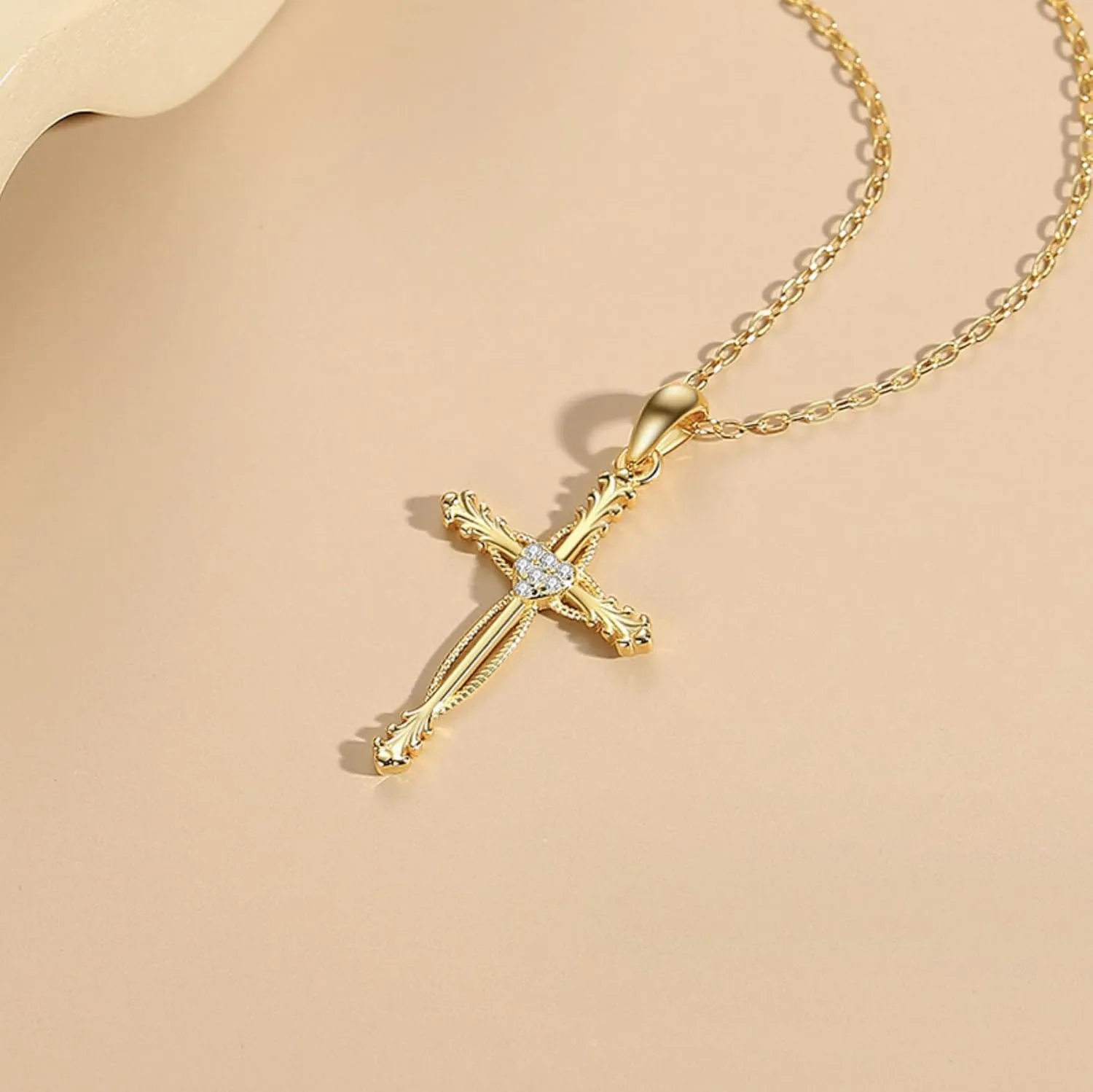 Cross Necklace for Women | Sterling Silver Cross Pendant Necklace | Cubic Zirconia Cross Necklace | Unique Design Heart Middle Religion Cross Necklace Fashion Jewelry Gift for Women and Teen Girls
