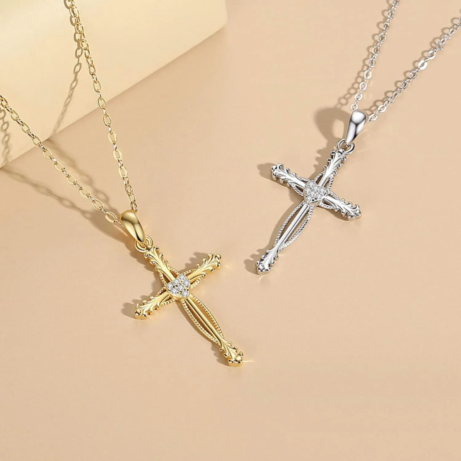 Cross Necklace for Women | Sterling Silver Cross Pendant Necklace | Cubic Zirconia Cross Necklace | Unique Design Heart Middle Religion Cross Necklace Fashion Jewelry Gift for Women and Teen Girls