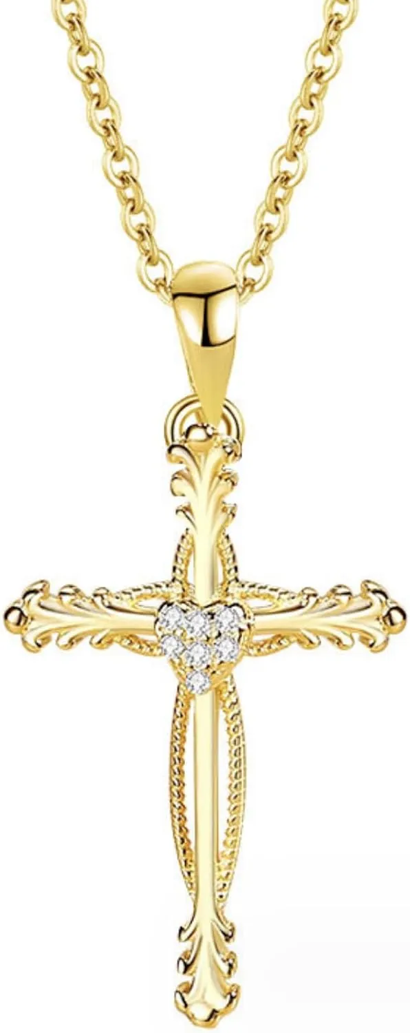 Cross Necklace for Women | Sterling Silver Cross Pendant Necklace | Cubic Zirconia Cross Necklace | Unique Design Heart Middle Religion Cross Necklace Fashion Jewelry Gift for Women and Teen Girls