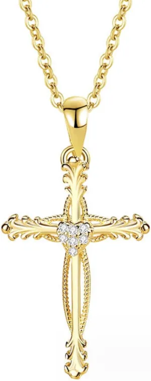 Cross Necklace for Women | Sterling Silver Cross Pendant Necklace | Cubic Zirconia Cross Necklace | Unique Design Heart Middle Religion Cross Necklace Fashion Jewelry Gift for Women and Teen Girls