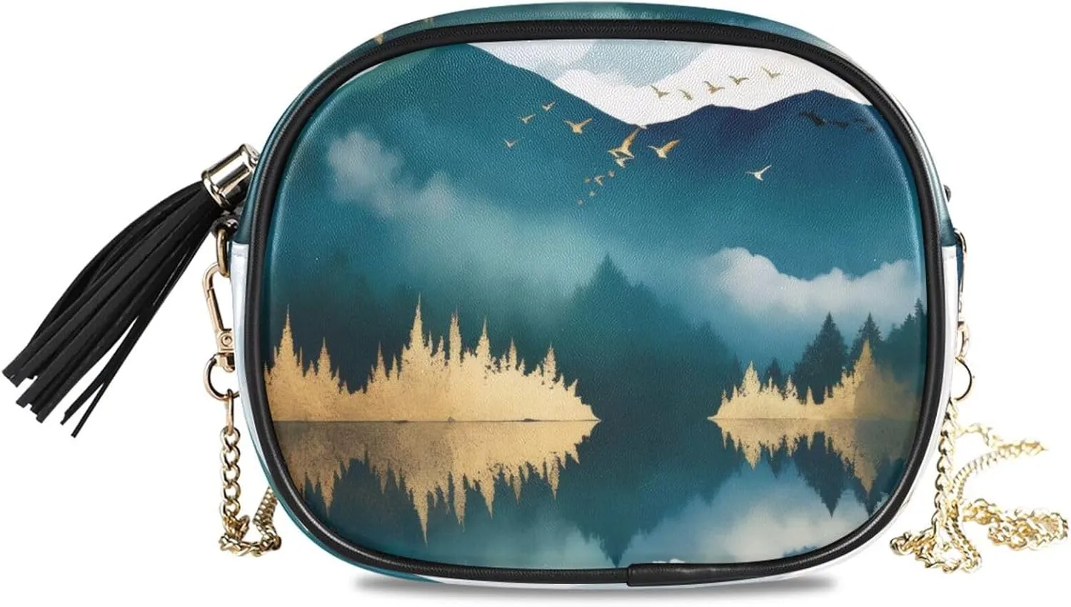Crossbody Shoulder Bag Tassel Purse Mountain Golden Forest PU leather Small Handbag Fashion Evening Clutch with Chain